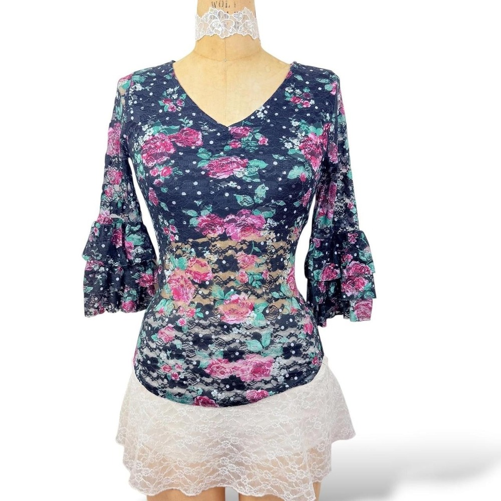 Whimsygoth Floral Lace Tiered Bell Sleeve Top Women XS Y2K Coquette Fairy Grunge